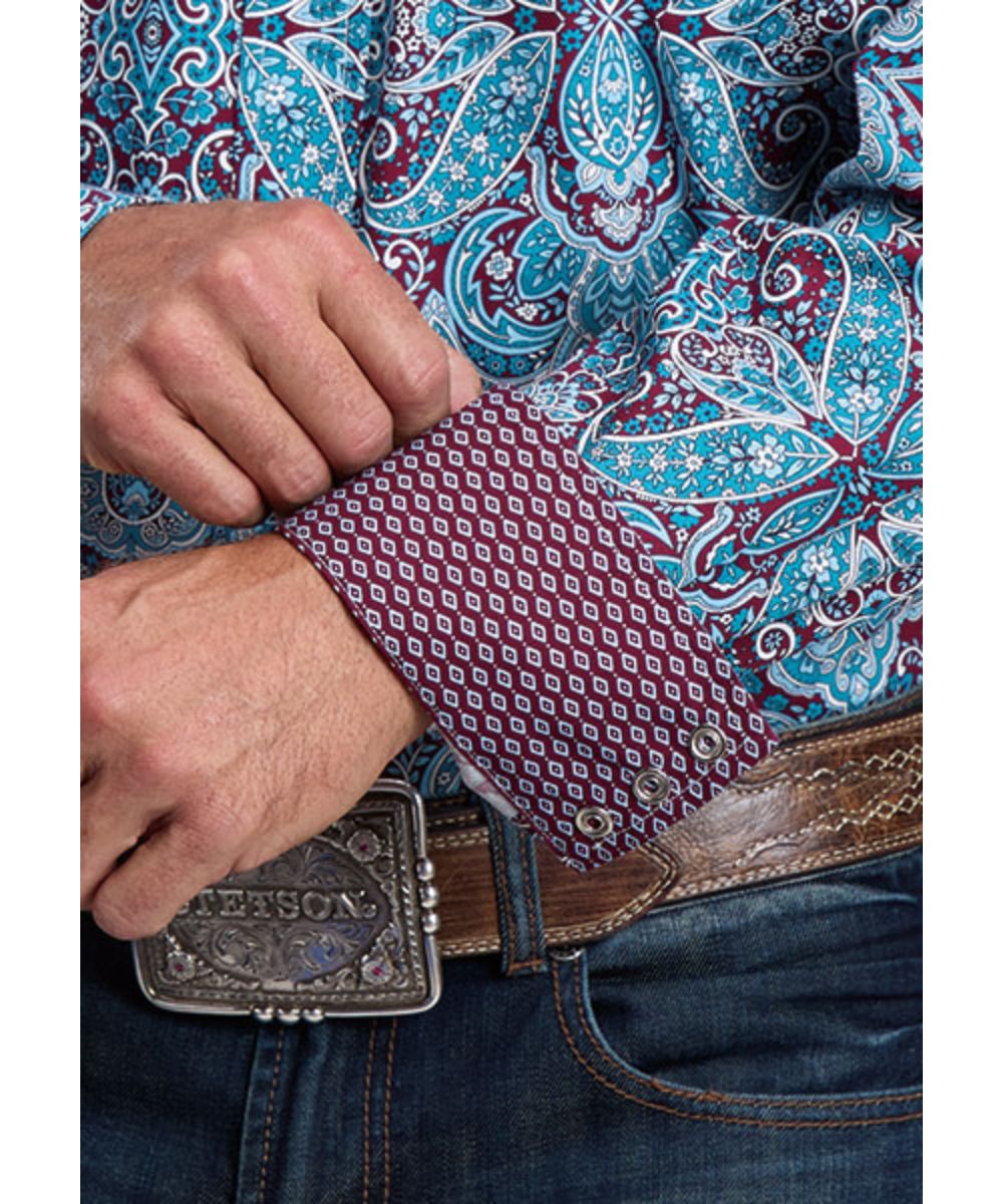 Close-up view of the blue paisley print and contrast interior trim