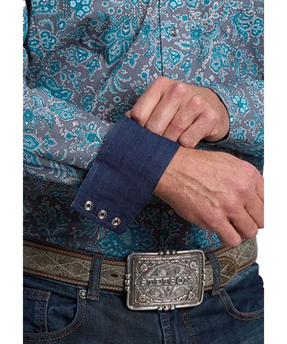 Close-up view of the men's long sleeve snap shirt featuring the contrast interior denim trim