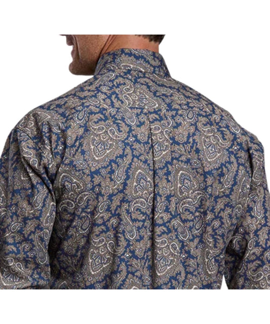 Back view of the men's navy and gold paisley long sleeve button down shirt featuring the straight back yoke with a box pleat