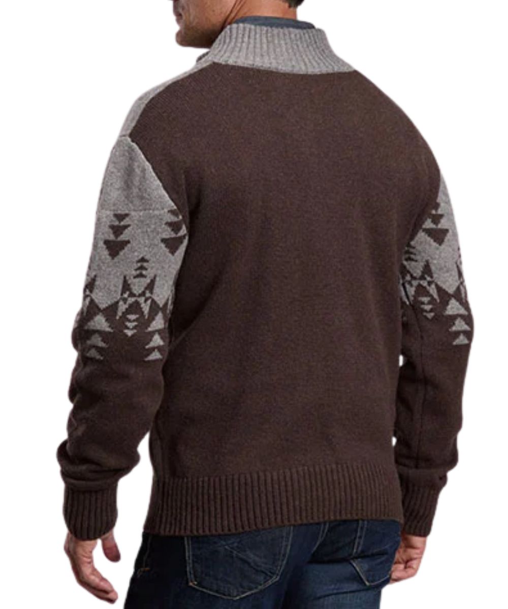 Back view of the men's long sleeve wool blend sweater featuring the solid brown back and ribbed trim
