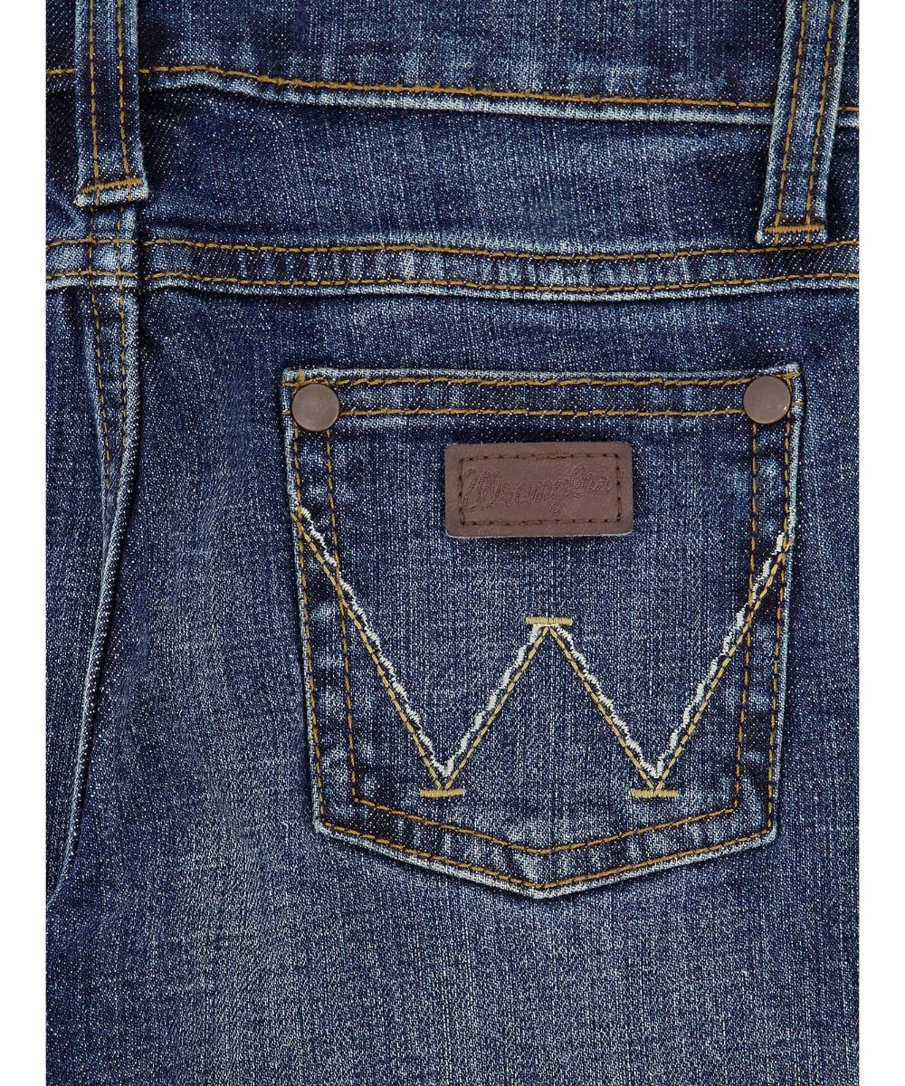 Back pocket view of the boy's Wrangler Jean featuring the 'w' logo stitching and logo patch