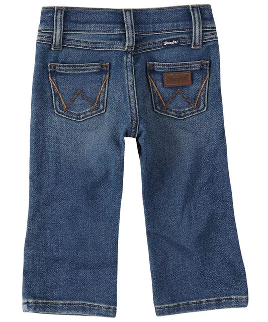 Back view of the little boy's western jean featuring a medium wash, 'w' logo stitched back pockets, and a logo patch