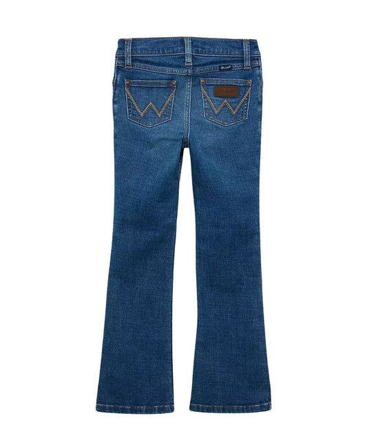 Back view of the girl's regular fit, low rise, boot cut jean in a dark wash featuring the contrast 'w' logo stitched back pockets