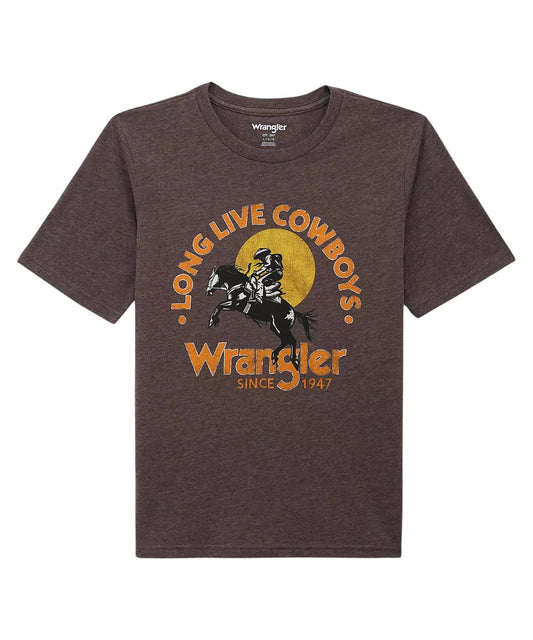 Boy's Wrangler Graphic Tee In A Brown/Mole Heather Color.