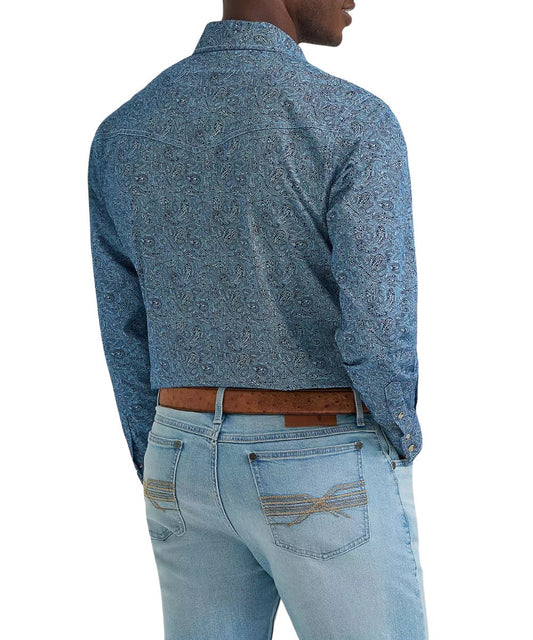 Men's Navy Paisley Print Snap Shirt With A Single Point Back Western Yoke And Two-Snap Closure Cuffs