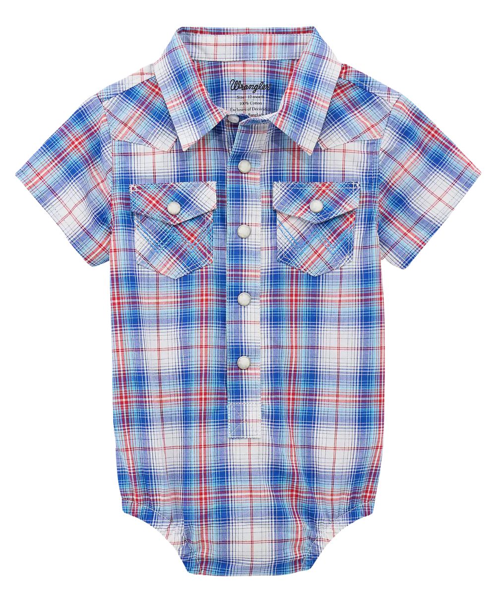 Infant Boy's Short Sleeve Onesie Featuring A 4-Snap Placket, Single Point Snap Flap Chest Pockets, Western Yokes, And Three-Snap Diaper Seat Closure