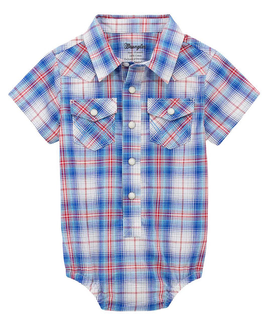 Infant Boy's Short Sleeve Onesie Featuring A 4-Snap Placket, Single Point Snap Flap Chest Pockets, Western Yokes, And Three-Snap Diaper Seat Closure