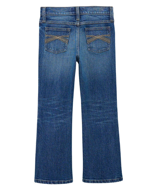 Back pockets display tonal contrast stitched accents, boy's boot cut Wrangler jean in a medium wash.