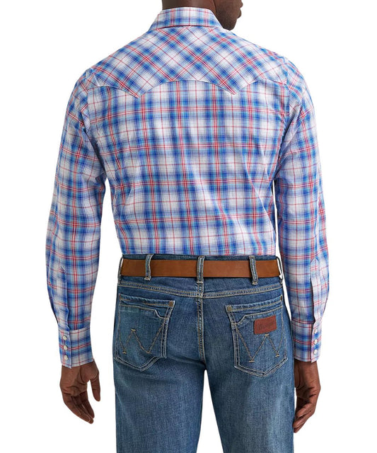 Back view of the blue and red plaid western shirt featuring a double pointed back yoke.
