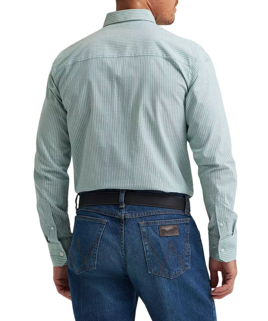 Back view of the moss stripe button-down shirt featuring a straight back yoke and single button cuffs.
