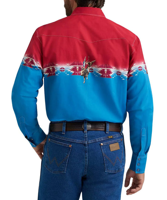 Back view of the men's Checotah western snap shirt featuring western yokes and three-snap cuffs.