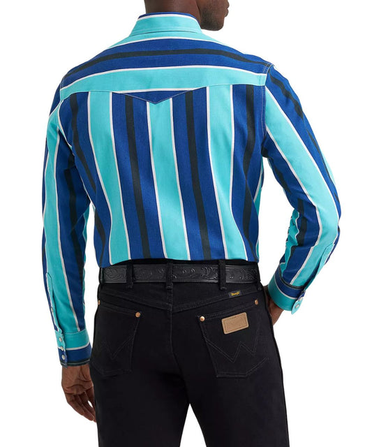 Back view of men's Wrangler cobalt storm blue brushpopper striped print shirt featuring western yokes.