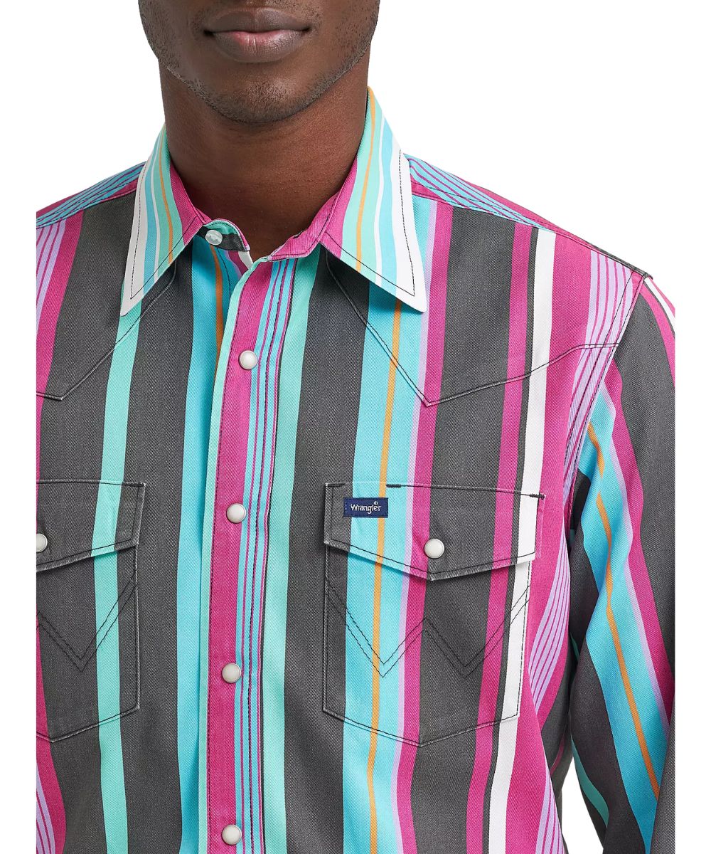Men's close-up image of the brushpopper western work shirt featuring pearl snaps, western yokes, and a pen/pencil slot in the left chest pocket.