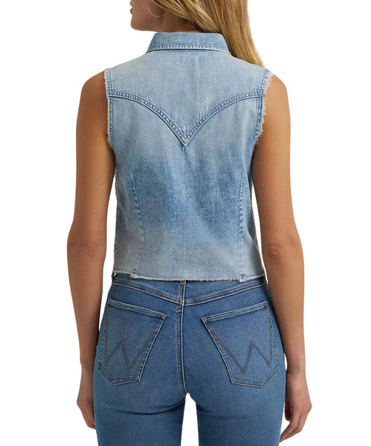 Women's Sleeveless Cropped Snap Shirt Featuring Western Yokes On Light Denim