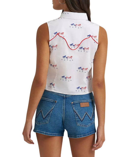 Curved Western Yokes, Red Piping, On A White Cropped Sleeveless Snap Shirt