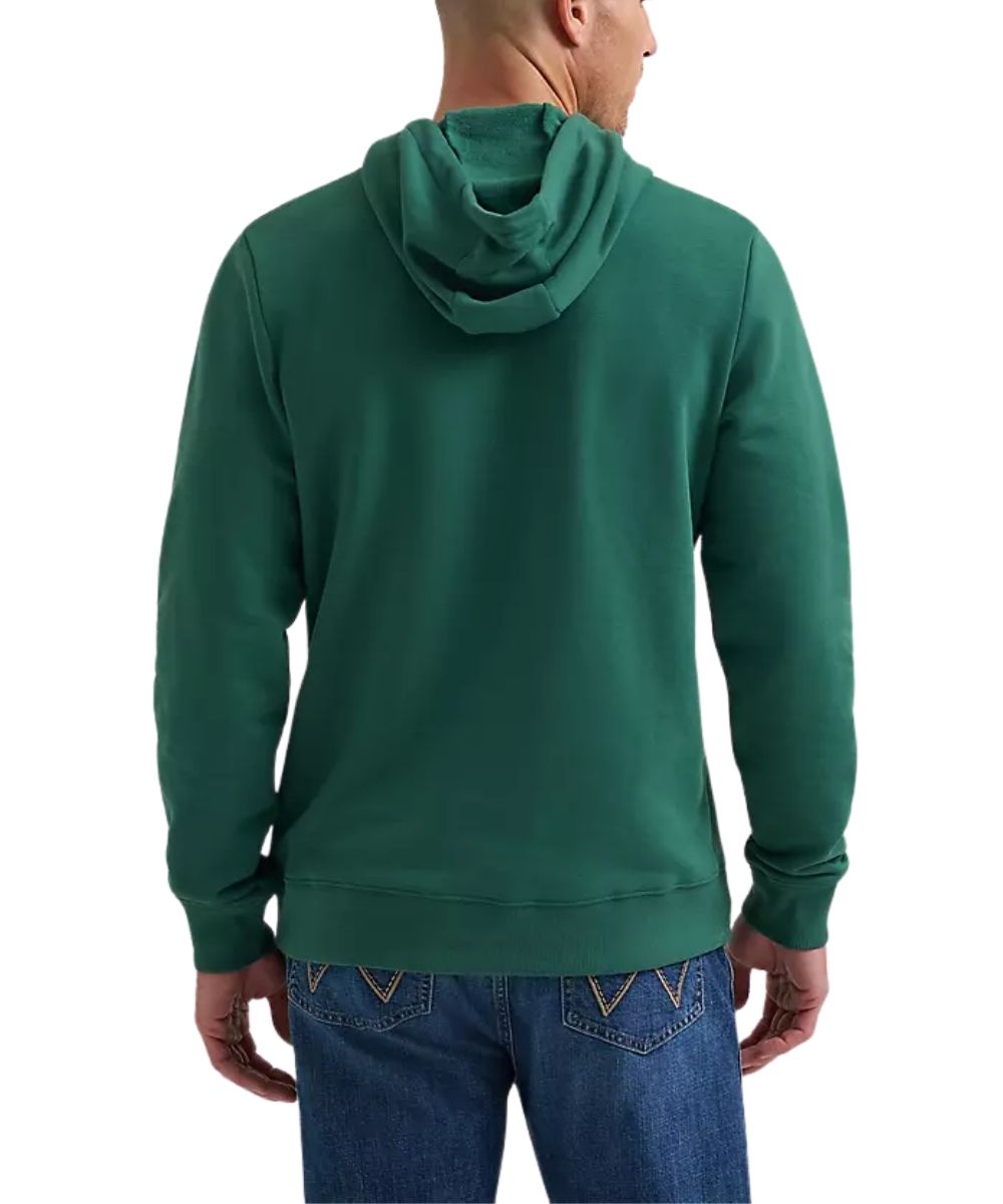 A man wearing a dark green pullover hoodie, shown from the back, paired with blue jeans against a plain white background.