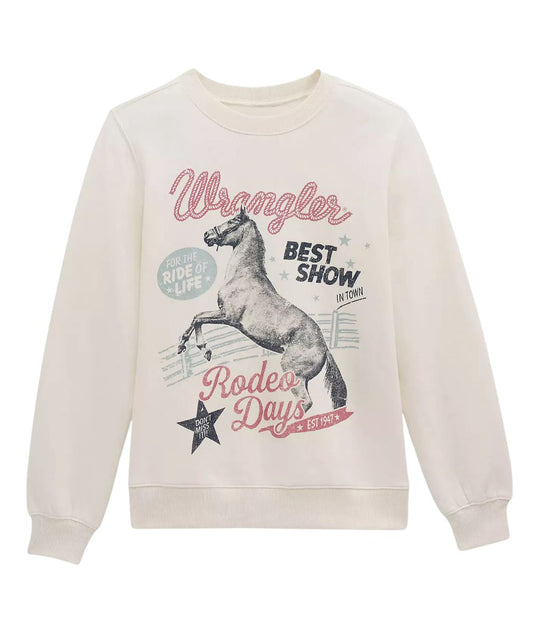 Front view of the women's off-white crewneck sweatshirt featuring a vintage-style graphic of a rearing horse with text reading 'Wrangler', 'BEST SHOW', 'Rodeo Days', and 'RIDE OF LIFE'