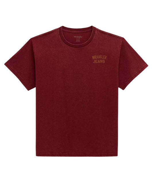 A short-sleeve crewneck t-shirt in a burgundy color, featuring a small gold 'Wrangler Jeans' logo printed on the left chest