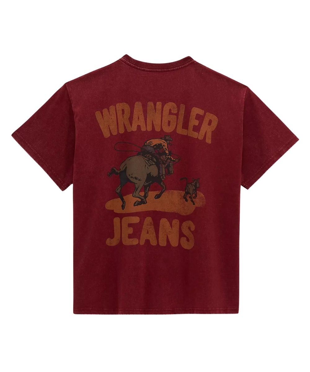 A maroon short-sleeve t-shirt with a distressed graphic on the back featuring the text 'WRANGLER JEANS' and an illustration of a cowboy riding a bucking steer.