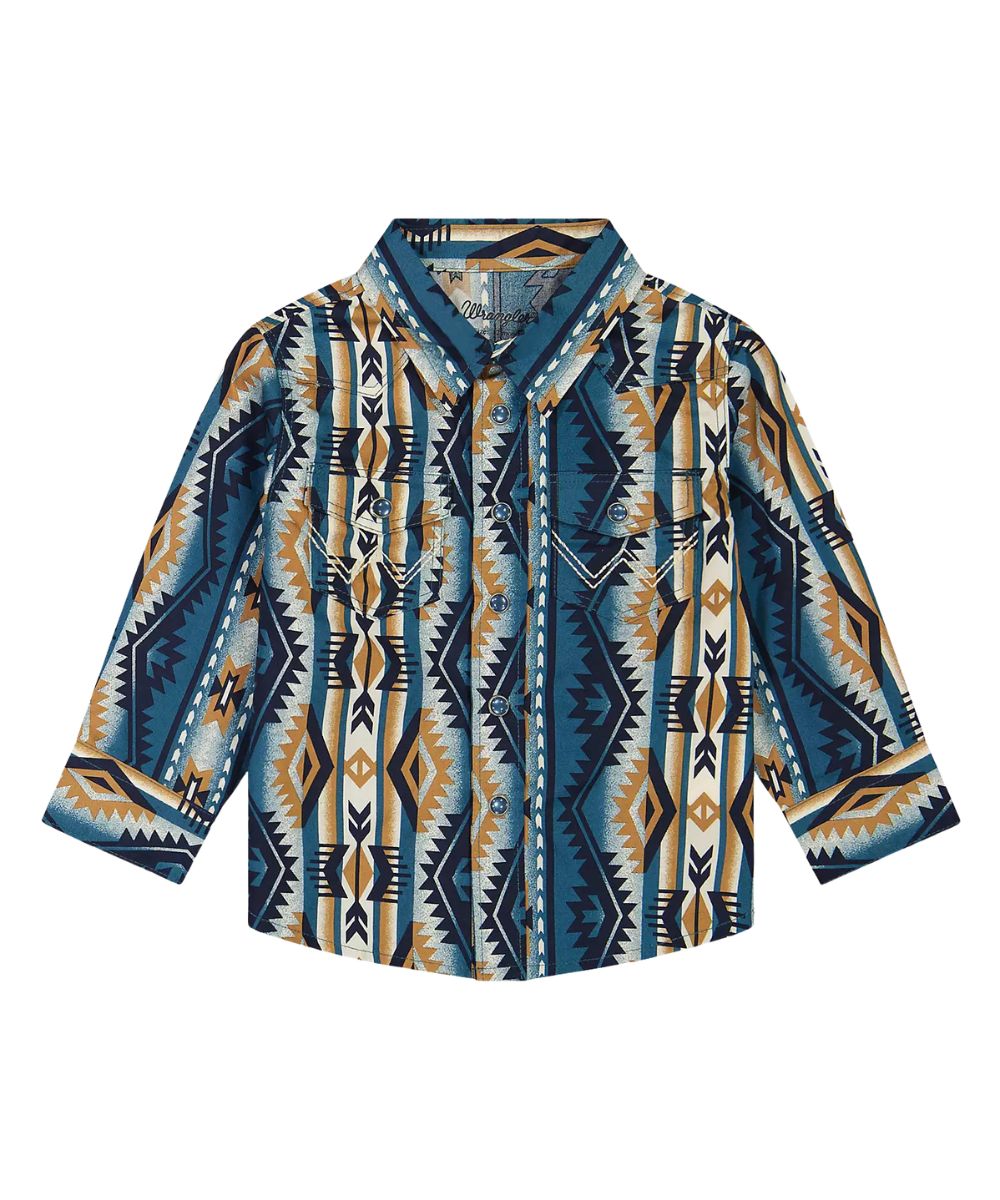 Flat view of the boy's Wrangler Teal & Brown Checotah Western Snap Shirt featuring the pearl snap closure, snap chest pockets, and western yokes