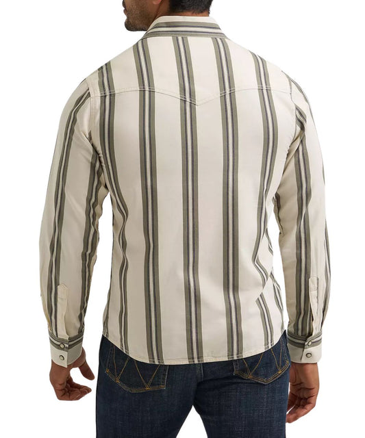 Back view of the men's long sleeve snap shirt featuring the slim fit, western yokes, and green/ecru vertical striped print