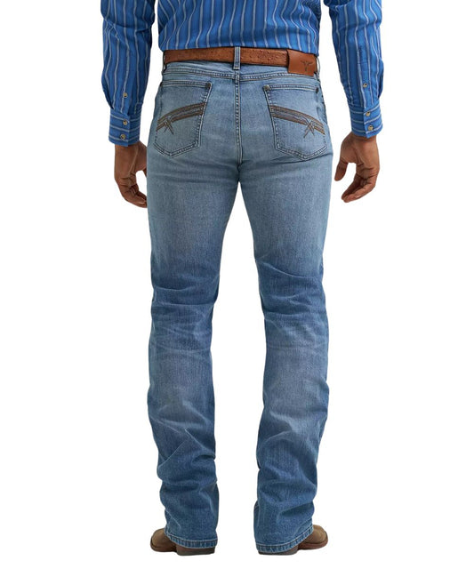 Back view of the men's vintage boot cut jean featuring the slim fit and low rise