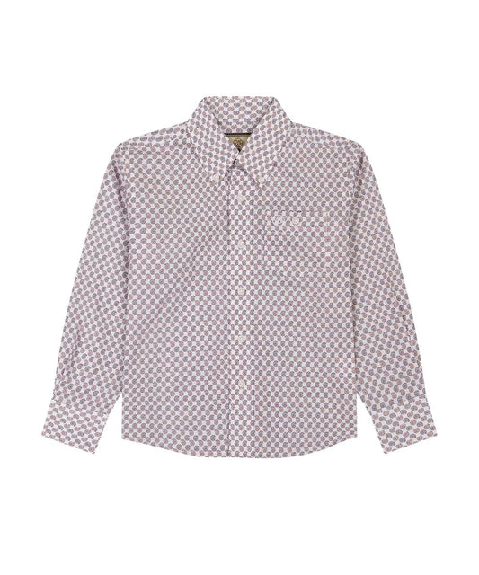Front view of the boy's long sleeve button down shirt featuring a red geo print