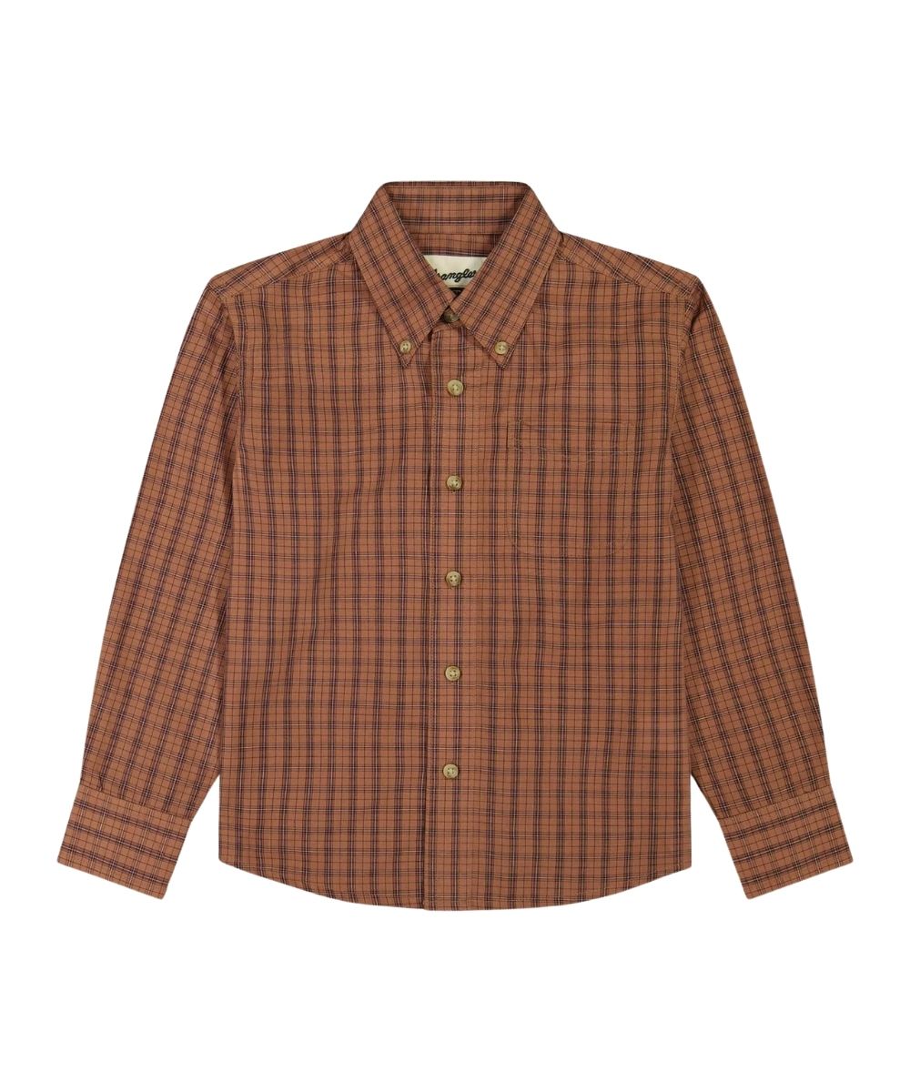 Flat view of the boy's Wrangler Riata Rust Plaid Button Down Shirt featuring the long sleeves, button down collar, and chest pocket