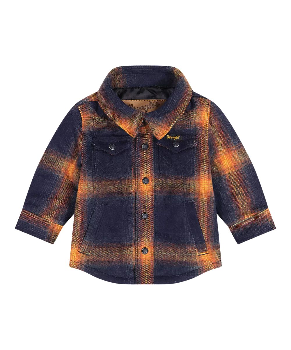 Front view of the little boy's navy Wrangler Quilt Lined Flannel Shirt Jacket featuring the night sky plaid print, long sleeves, flap chest pockets, and side entry welt hand pockets