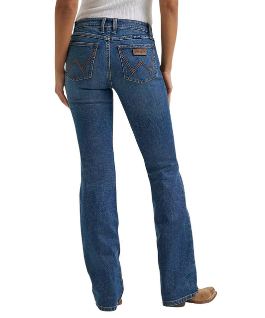 Back view of the women's retro marina boot cut jean featuring the mid rise and medium wash