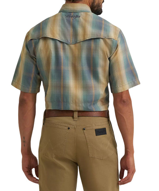 Back view of the men's short sleeve snap shirt in a relaxed fit featuring the blue/brown ombre plaid print