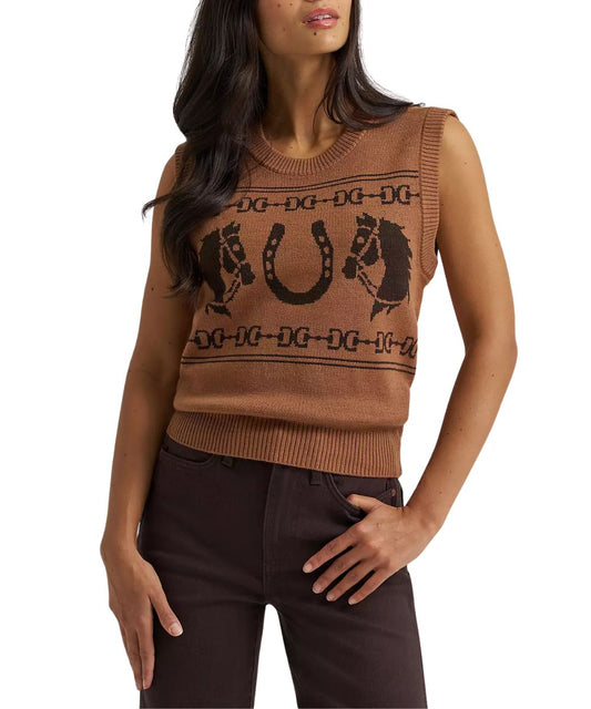 Front view of the women's brown sweater vest featuring knit-in horse and horseshoe motifs