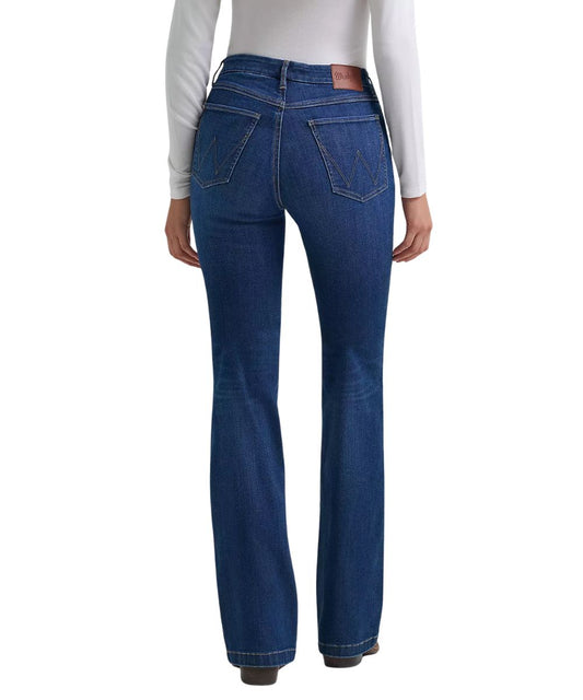 Back view of the women's high rise dark wash boot cut bespoke jean
