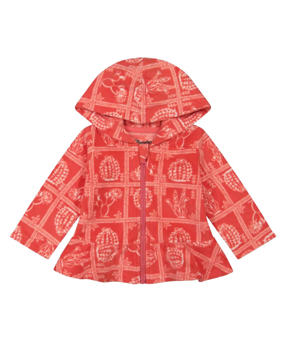 Flat view of the little girl's Wrangler Pink Cacti Fleece Zip-Up Jacket featuring the peplum shape, hooded collar, and ruffled hem