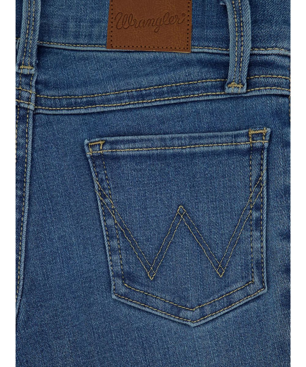 Close-up view of the logo stitched back pockets