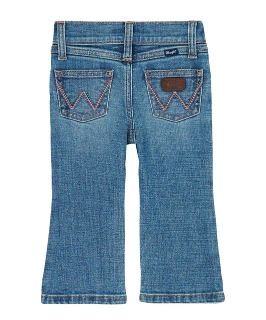 Back view of the little girl's medium wash boot cut jean featuring the internal adjustable waistband
