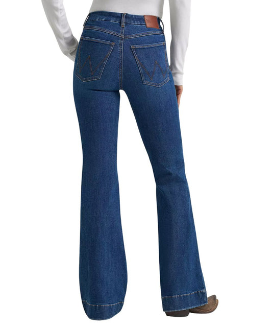 Back view of the women's dark wash trouser jean featuring the logo stitched back pockets and trouser finished hem