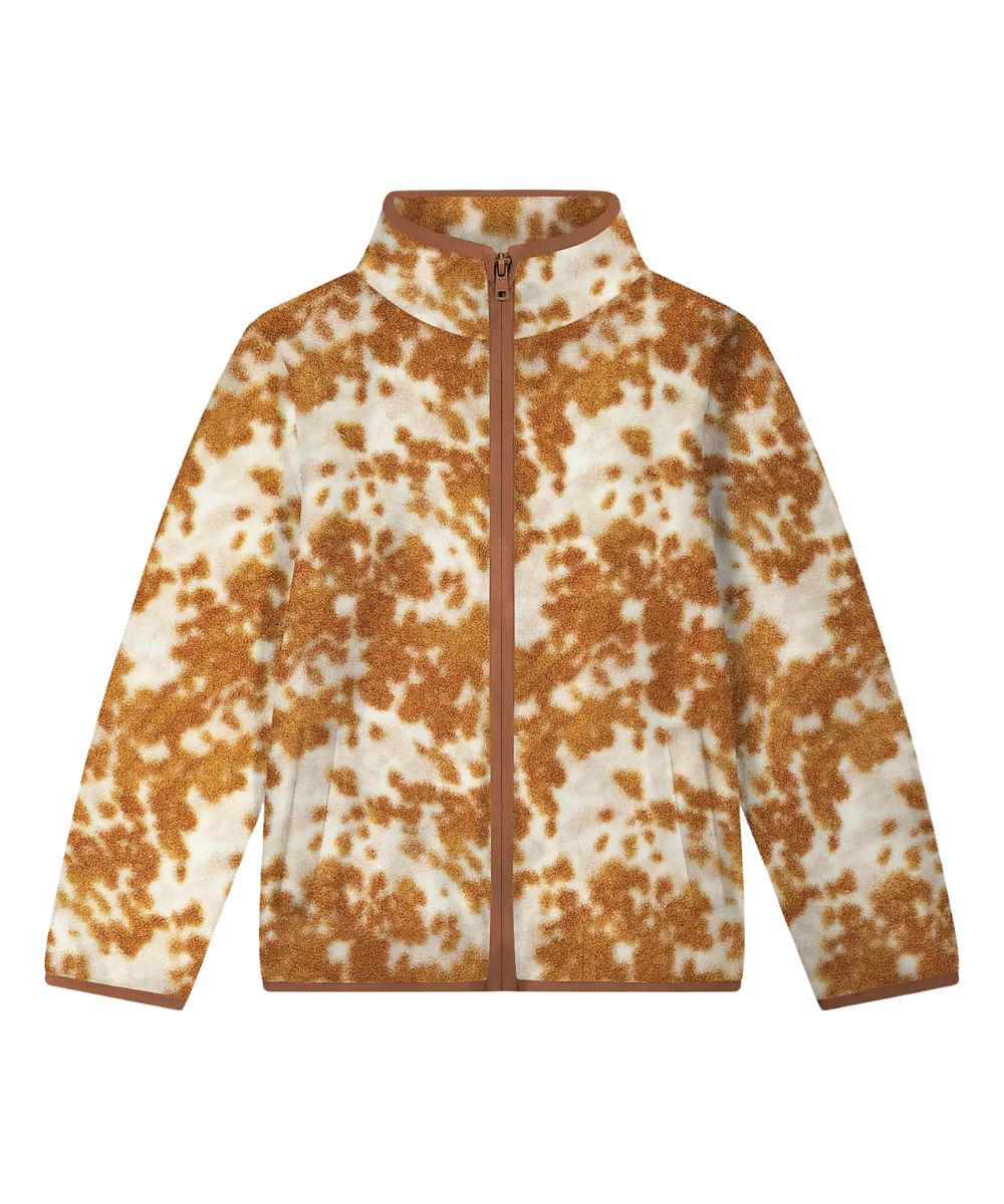 Front view of the girl's cow print Wrangler sherpa zip jacket featuring the hay away technology that repels dirt, debris, hay, and grass, hand pockets, and mock collar