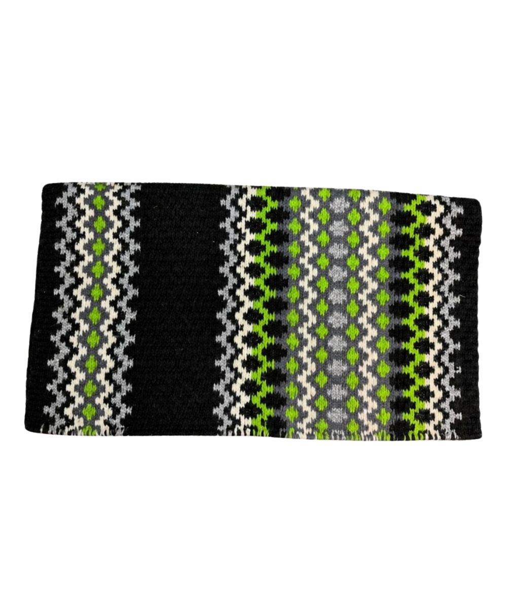 Side view of the wool blend, 40x34, navajo print saddle blanket in lime green