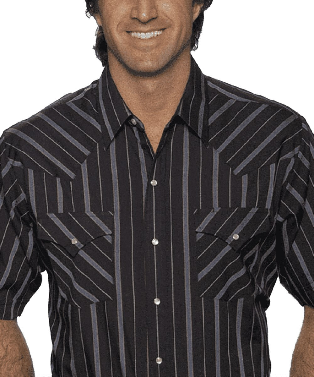 A man wearing a short-sleeve button-up shirt with a black base and diagonal gray and white pinstripes, shown from the chest up against a plain white background.