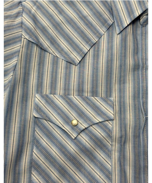 Close-up view of the snap flap chest pockets and vented western yokes