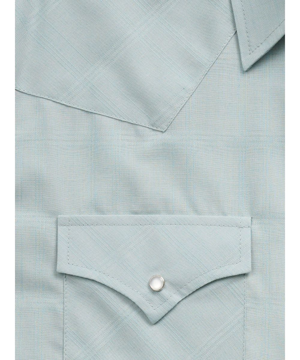 Close-up view of the tonal dobby windowpane plaid print