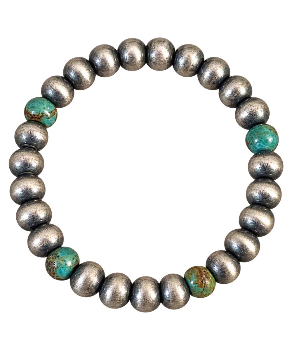 Flat view of the women's turquoise and silver Z Bars bracelet featuring the stretch beaded design, one size fits most. This bracelet is made from machine-made sterling silver pearls with genuine turquoise beaded accents