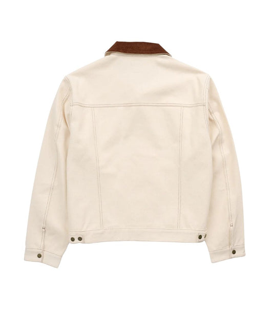 Back view of the men's ecru denim jacket featuring the rust brown corduroy collar, snap cuffs, and straight yokes