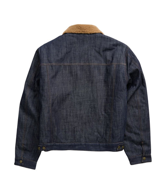 Back view of the men's dark wash denim jacket featuring the sherpa lined collar, snap cuffs, and satin quilted lining in the sleeves