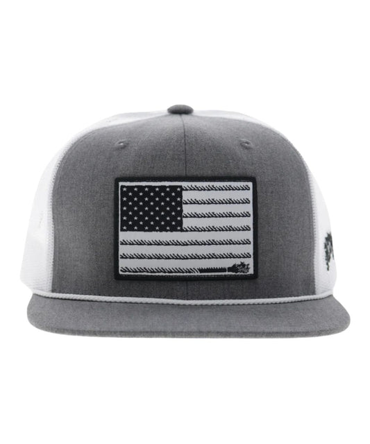 Front view of the 6 panel construction Liberty Roper Trucker Cap featuring the high-profile fit and hybrid bill