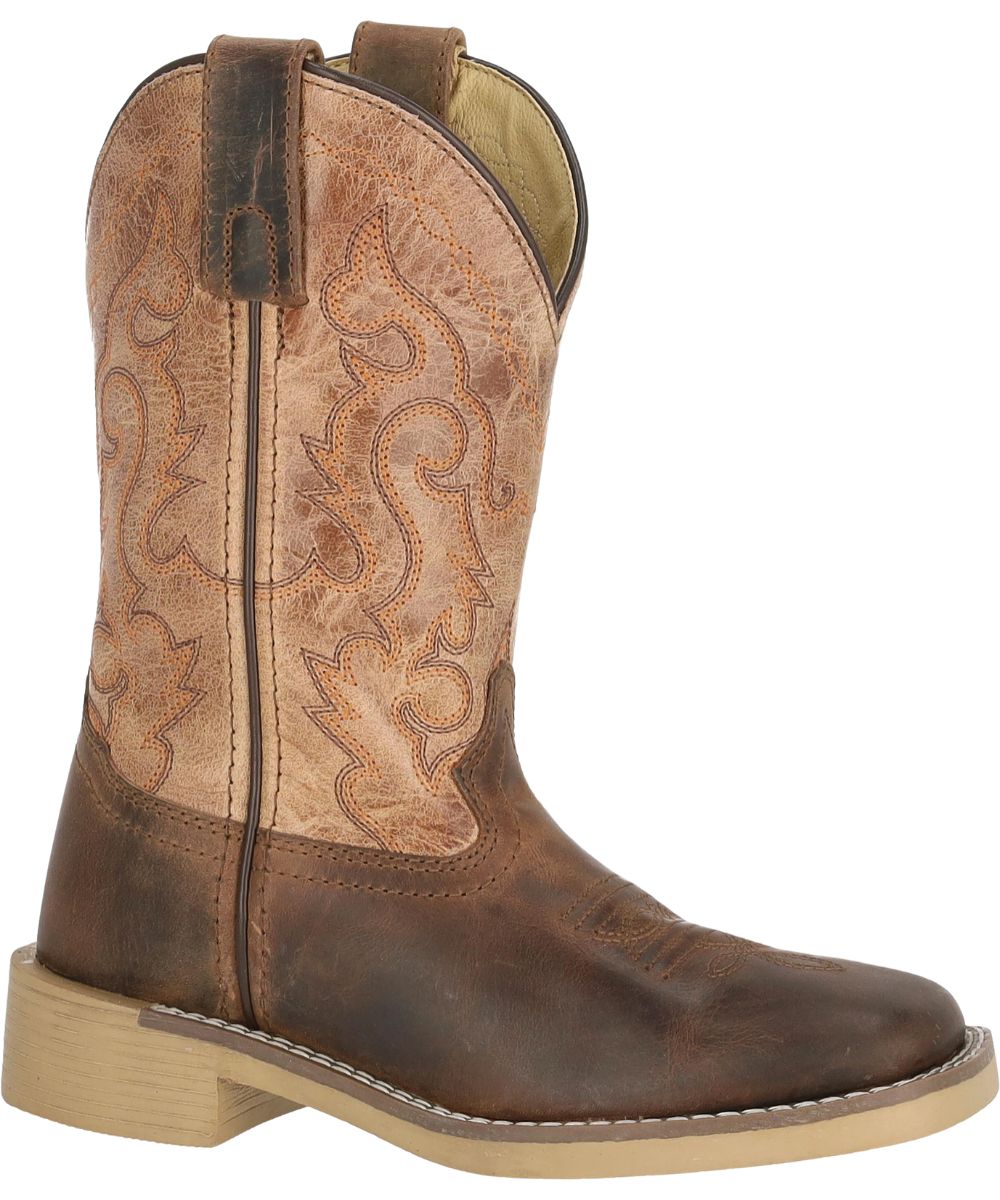 Right angled view of the youth boy's brown Smoky Mountain Western Boot featuring the brown leather vamp and tan leather shaft, pull tabs, square toe, and a block heel