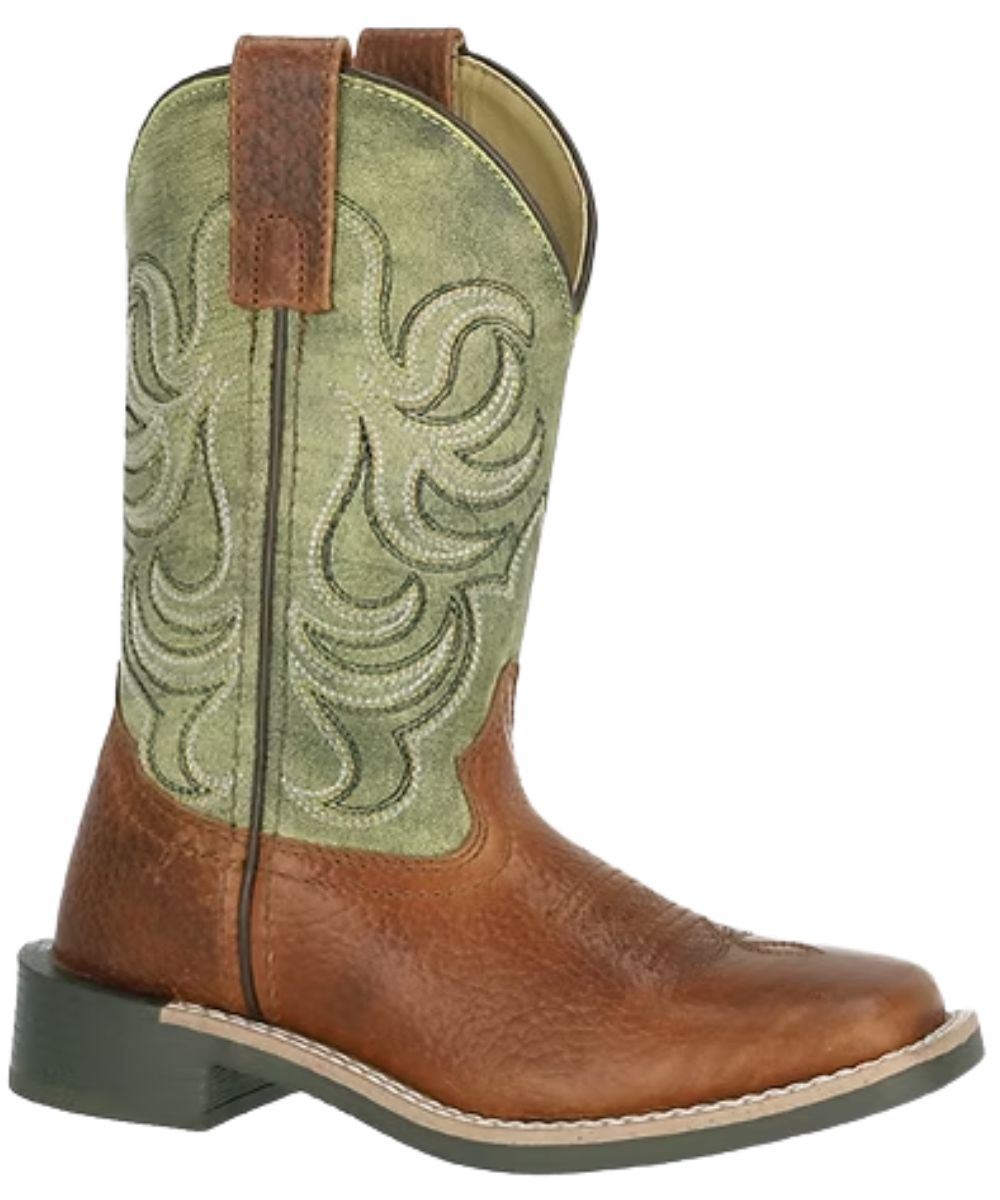 Right angled view of the unisex little kids' brown and green Smoky Mountain leather western boot featuring the square toe and block heel