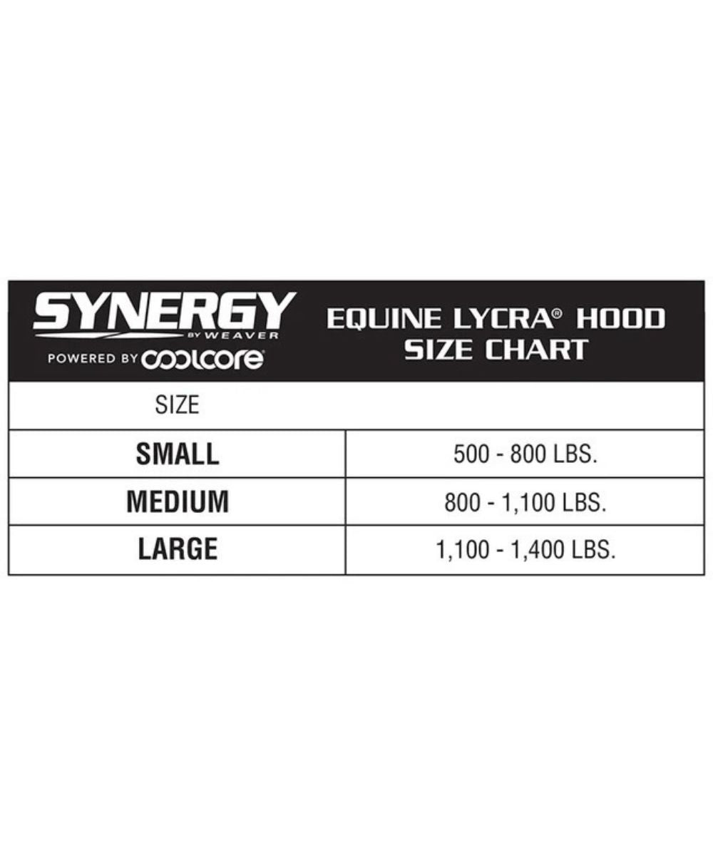 size chart for the lycra hood showing a small for 500-800lbs. medium for 800-1100lbs. Large for 1100-1400lbs