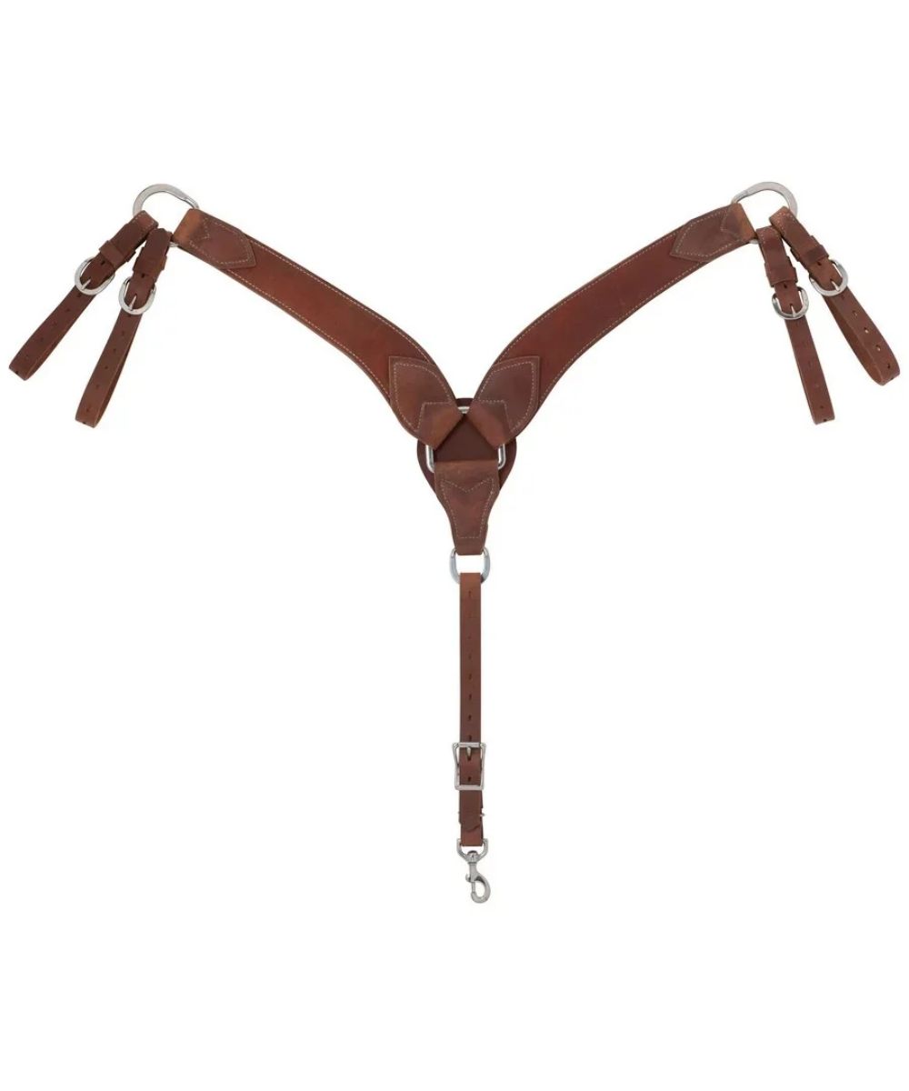 A brown leather Y harness with silver metal hardware, including D-rings and buckles, shown against a plain white background.